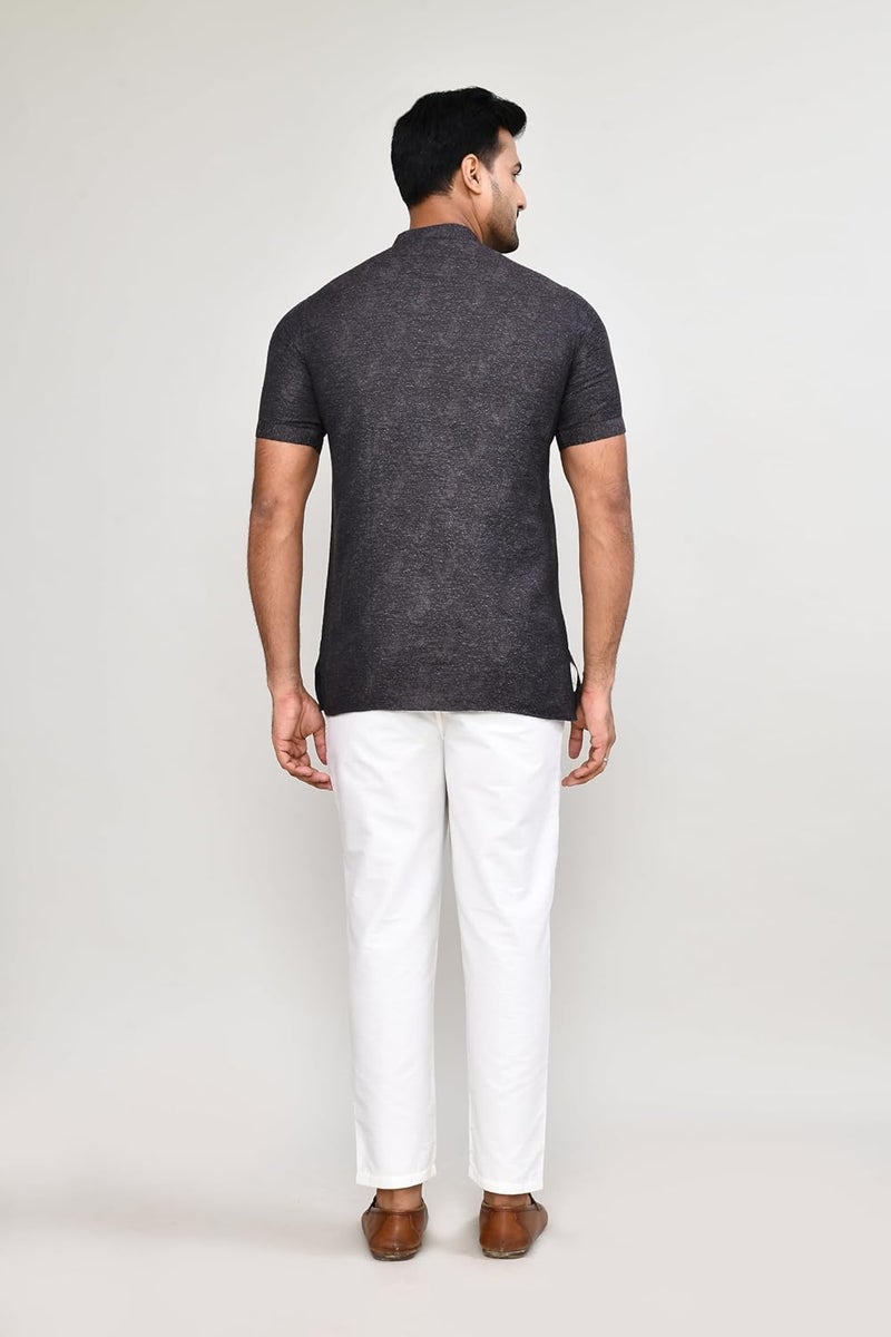 POLY2FAB Hathkargha Men’s Short Sleeve Kurta with All-Over Paisley Print, Mandarin Collar & Button Placket - Image 2